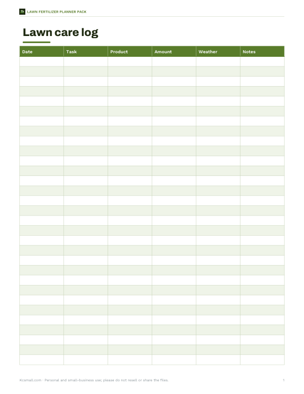 Preview of Printable Lawn Care Log